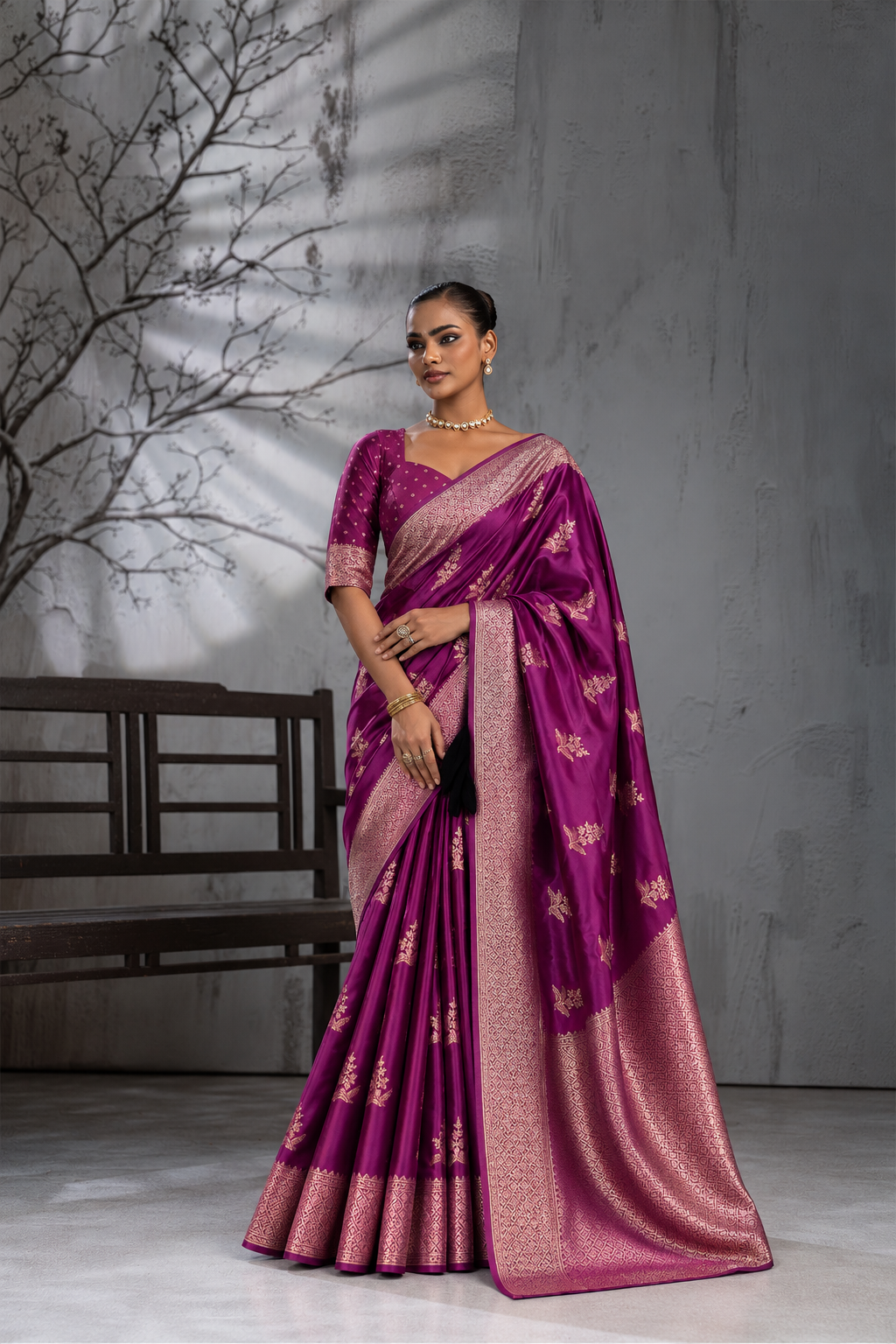 Magenta Pink Sattin Mungha Silk Saree with banarasi border