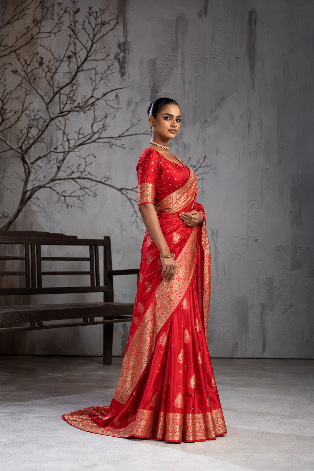 Red Sattin Mungha Silk Saree with banarasi border