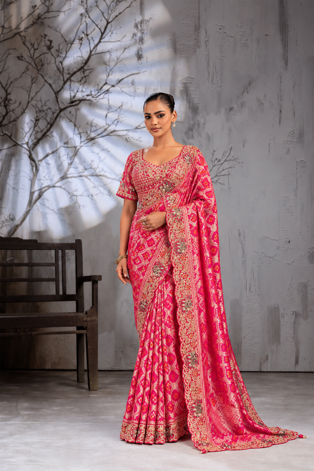 Pink Silk Saree with Bandhani Print | Two Blouse Concept