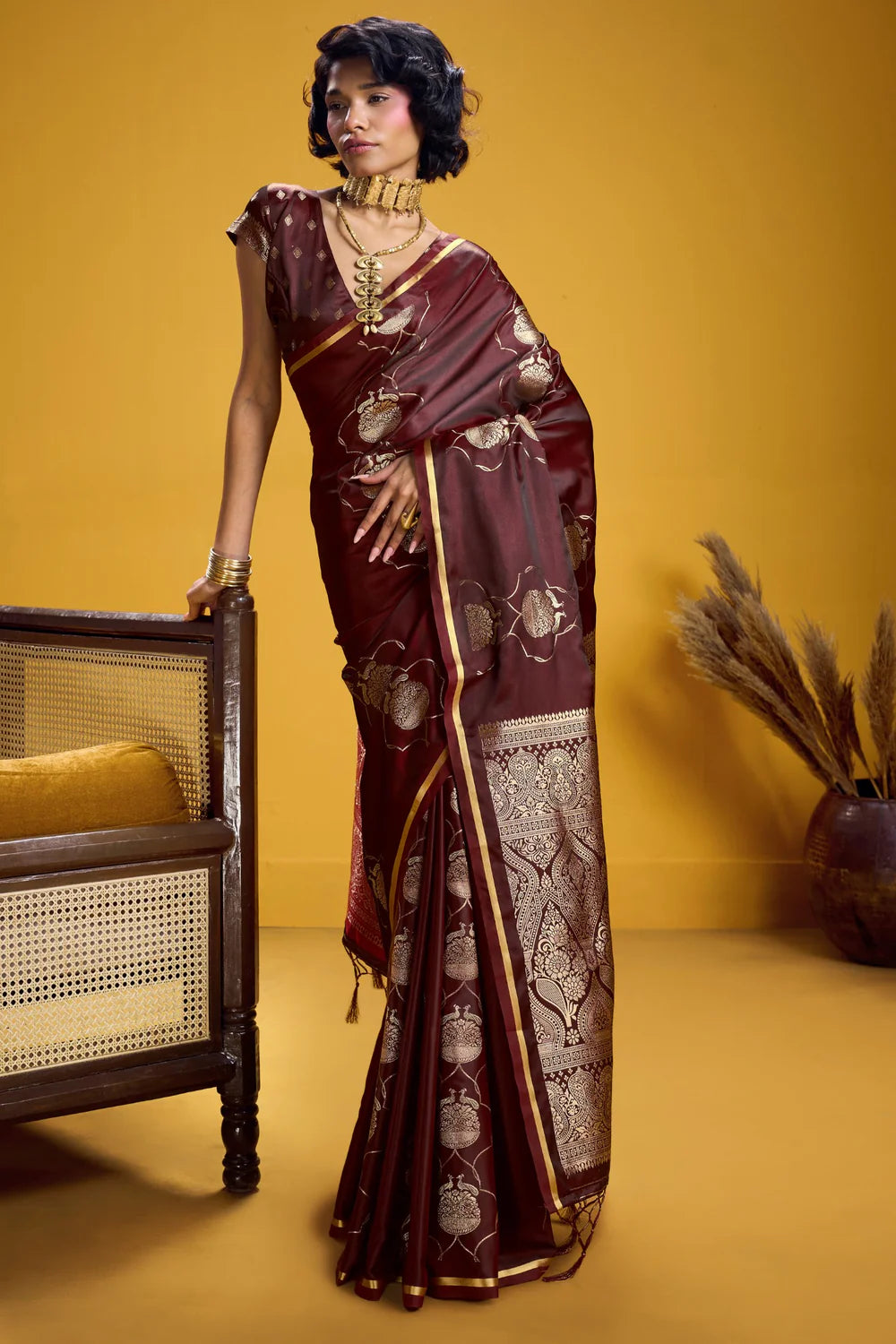 Maroon Pure Satin Handloom Saree with Gold Zari Weaving
