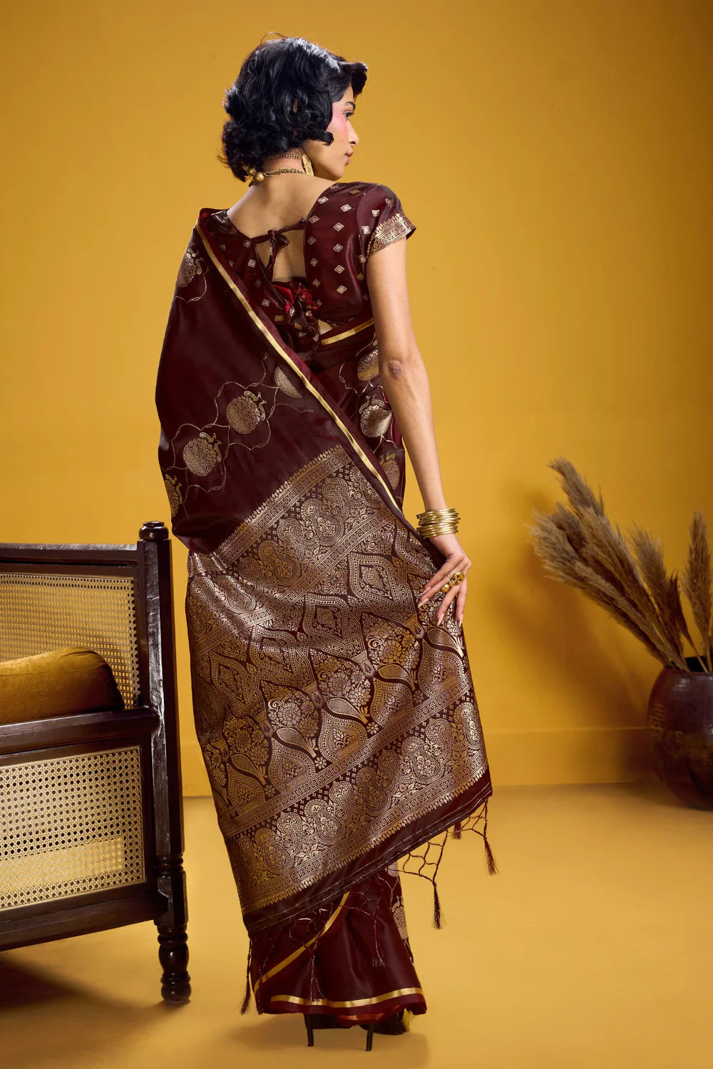 Maroon Pure Satin Handloom Saree with Gold Zari Weaving