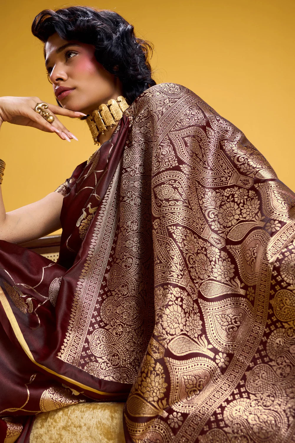 Maroon Pure Satin Handloom Saree with Gold Zari Weaving