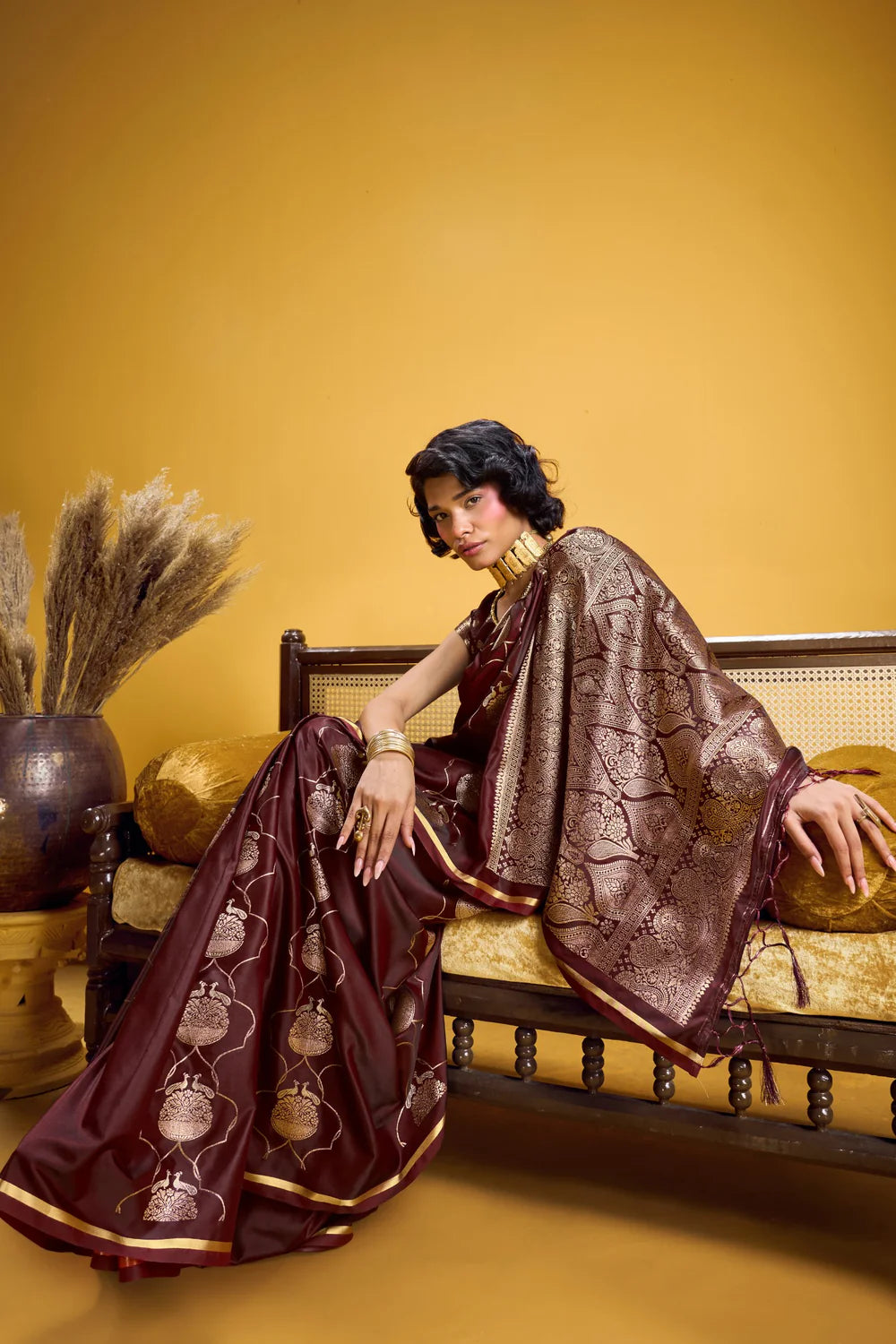 Maroon Pure Satin Handloom Saree with Gold Zari Weaving