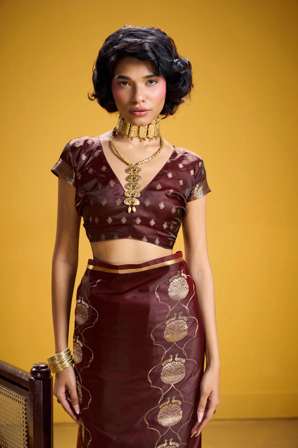Maroon Pure Satin Handloom Saree with Gold Zari Weaving