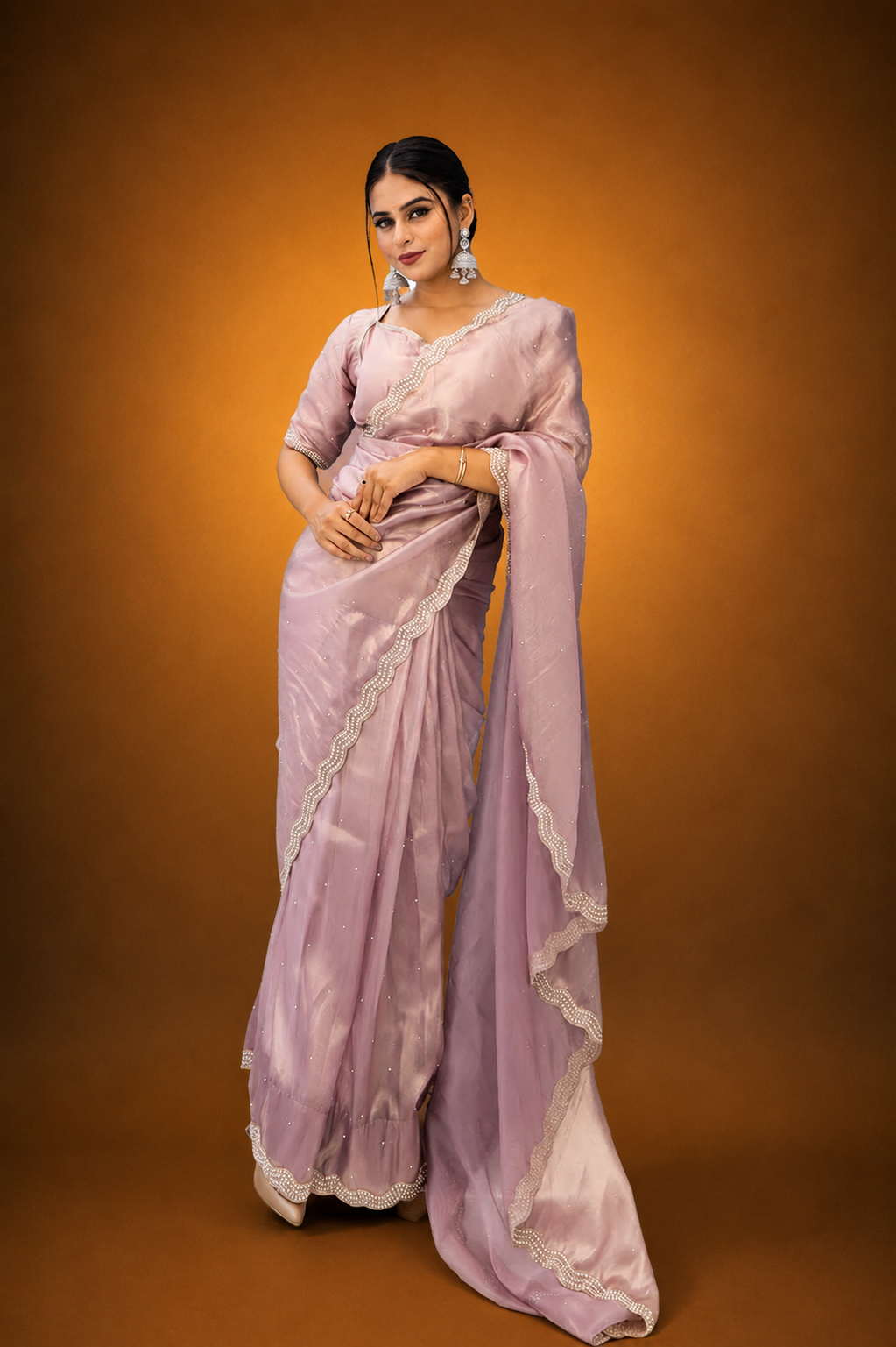 Rose Gold Shimmer Organza Saree with Pearl and Sequin Work
