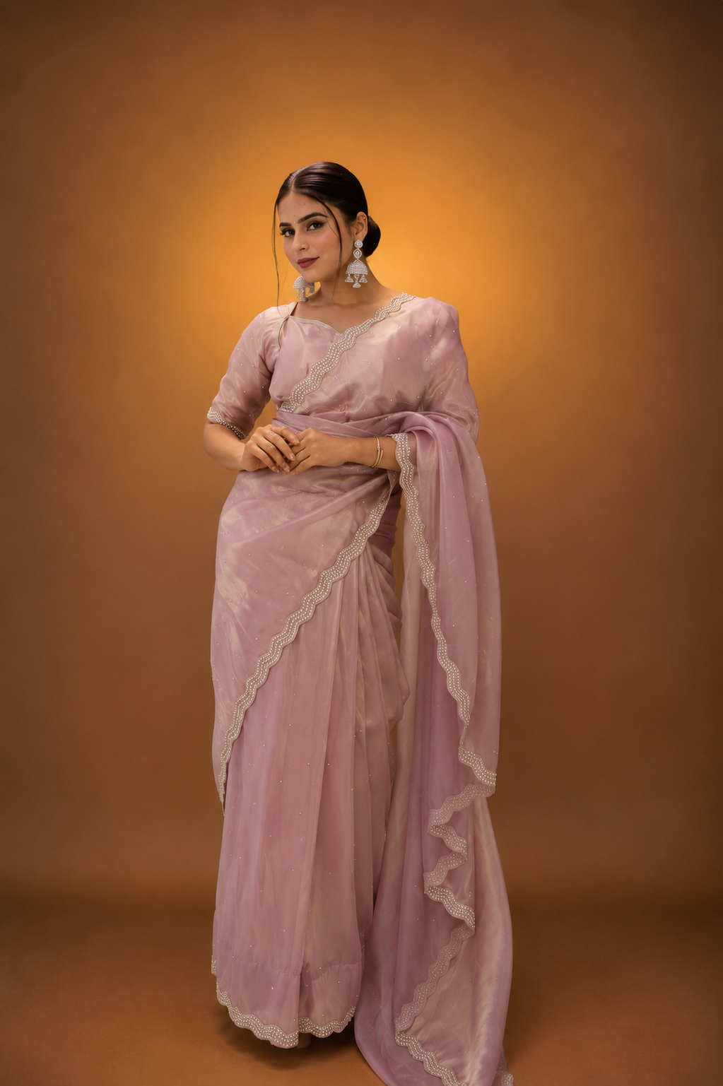 Rose Gold Shimmer Organza Saree with Pearl and Sequin Work