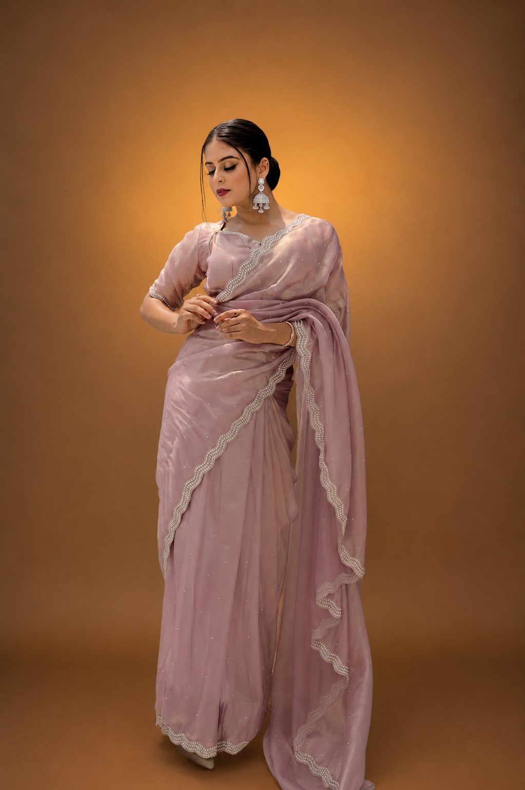 Rose Gold Shimmer Organza Saree with Pearl and Sequin Work