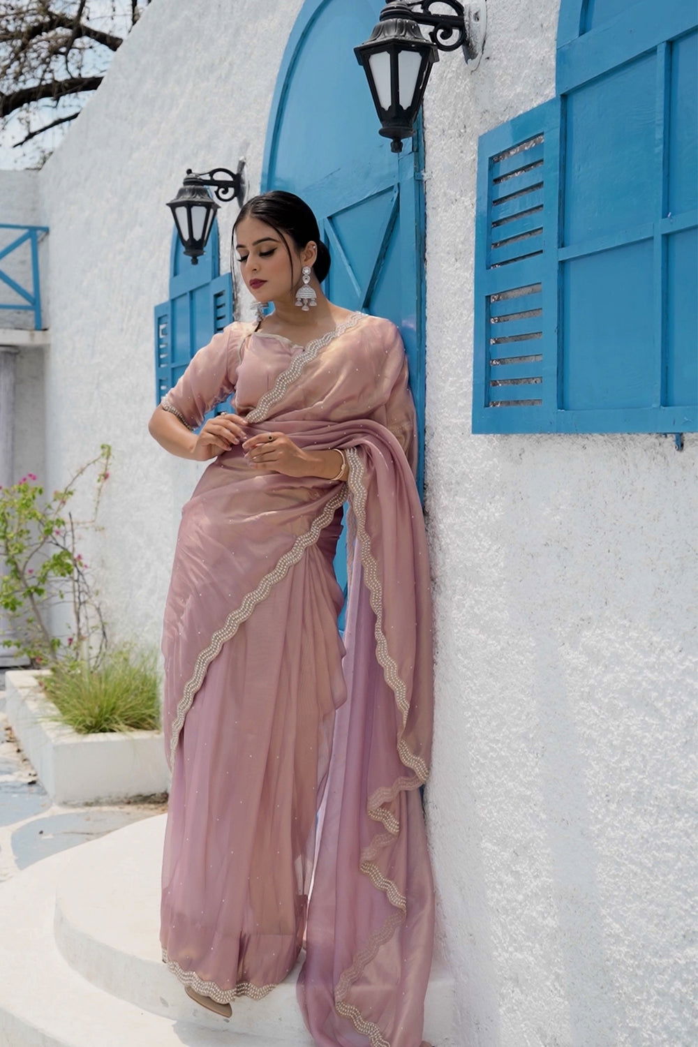 Rose Gold Shimmer Organza Saree with Pearl and Sequin Work - Mayrake.in