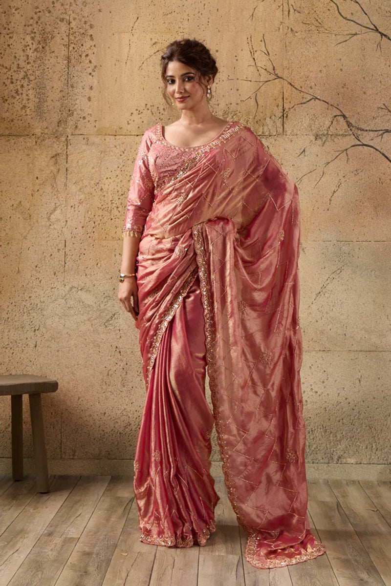 Rose Pink Organza Saree with Hand Embroidery with Stitched Blouse