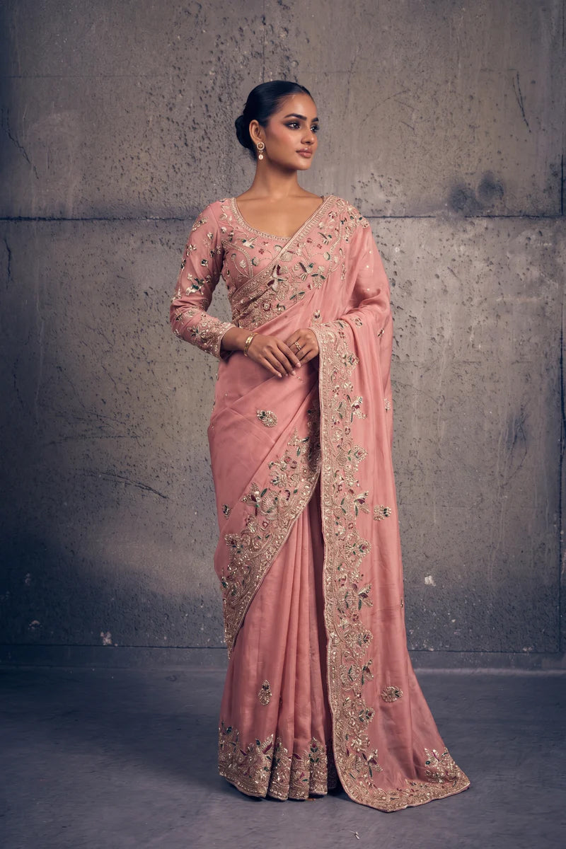 Rose Pink Organza Silk Saree with Peacock Hand Embroidery with Stitched Blouse
