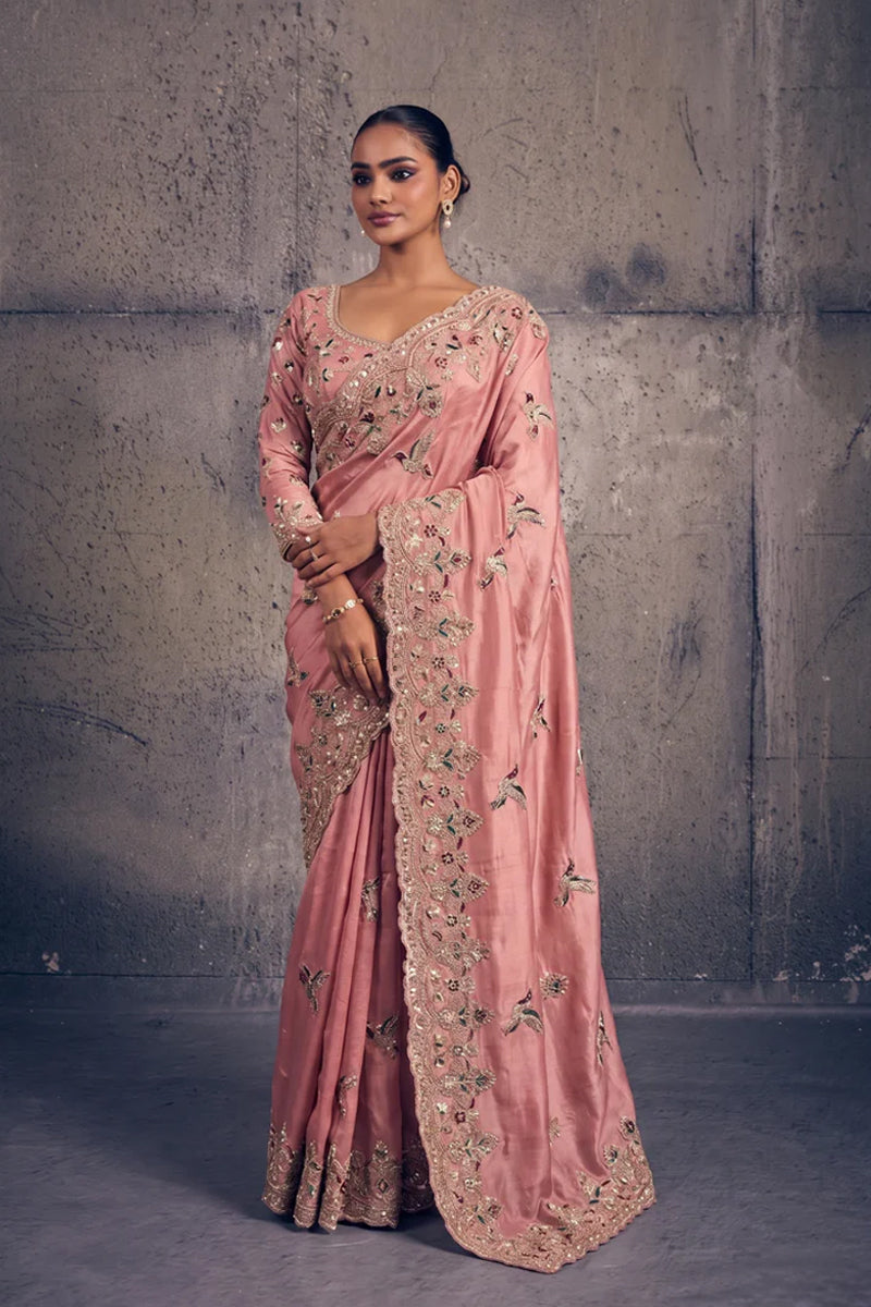 Rose Pink Organza Silk Saree with Peacock Hand Embroidery with Stitched Blouse