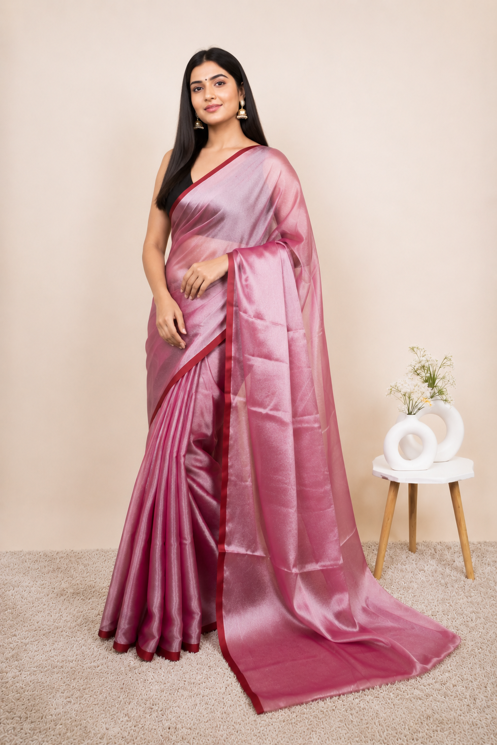 Rose Pink Khadi Cotton Tissue Saree