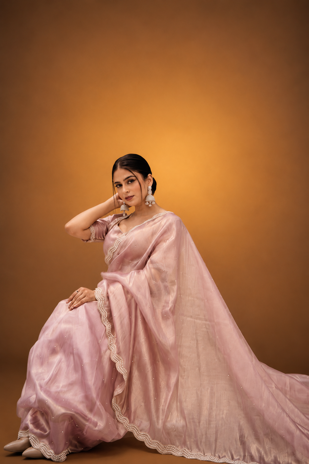 Rose Gold Shimmer Organza Saree with Pearl and Sequin Work