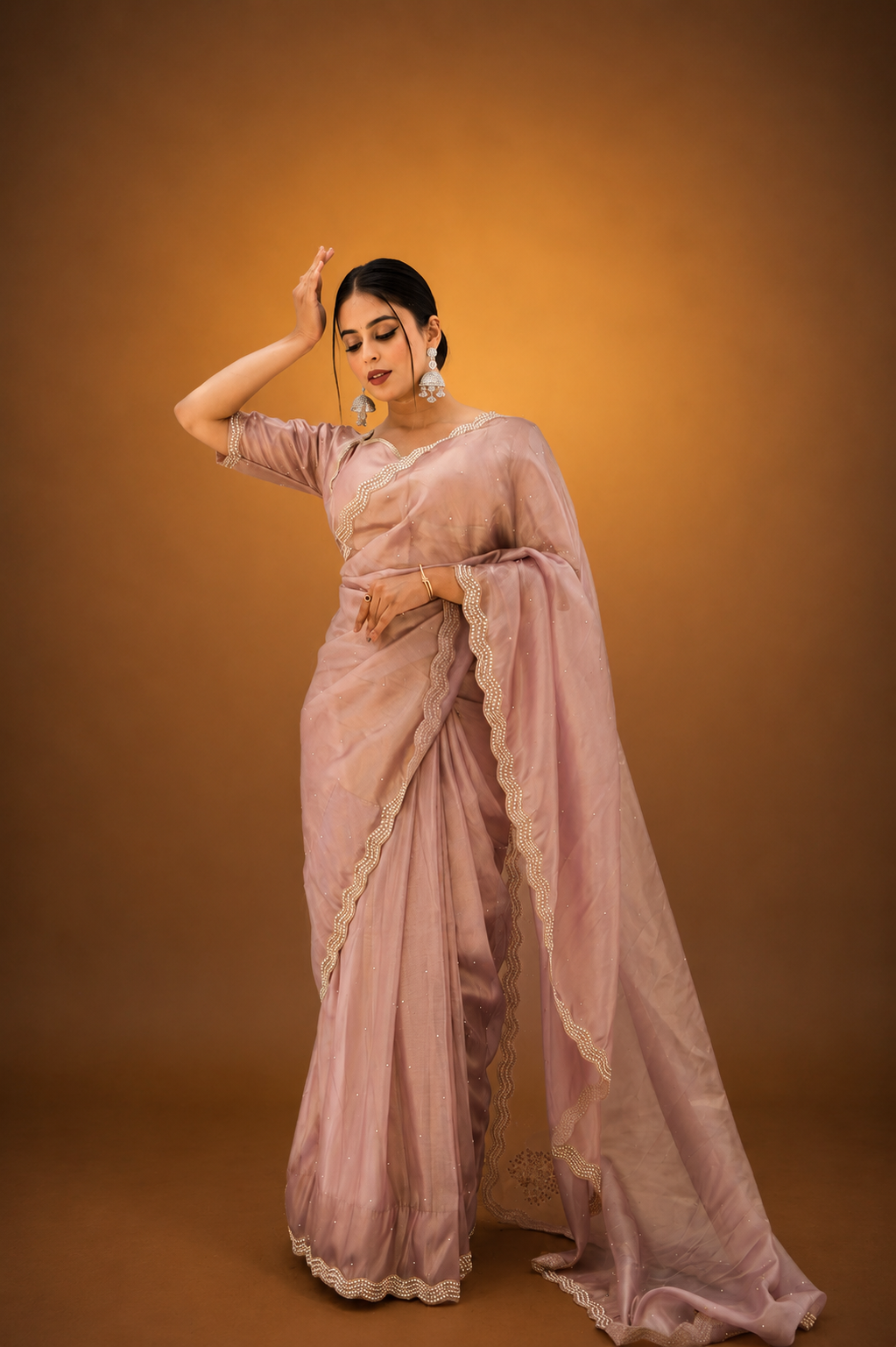 Rose Gold Shimmer Organza Saree with Pearl and Sequin Work