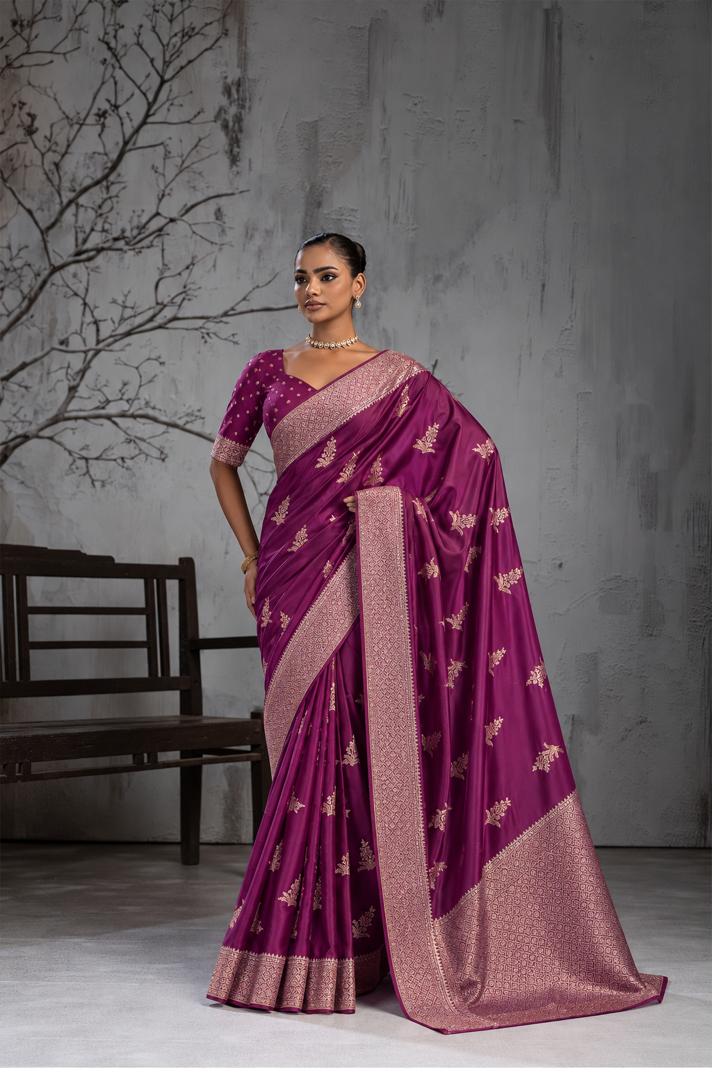 Magenta Pink Sattin Mungha Silk Saree with banarasi border