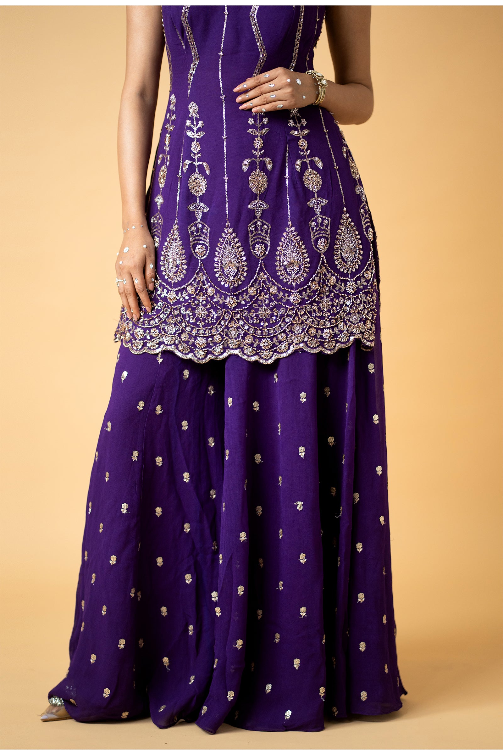 purple sharara dress Geometric Purple Elegance Printed Satin Sharara Set