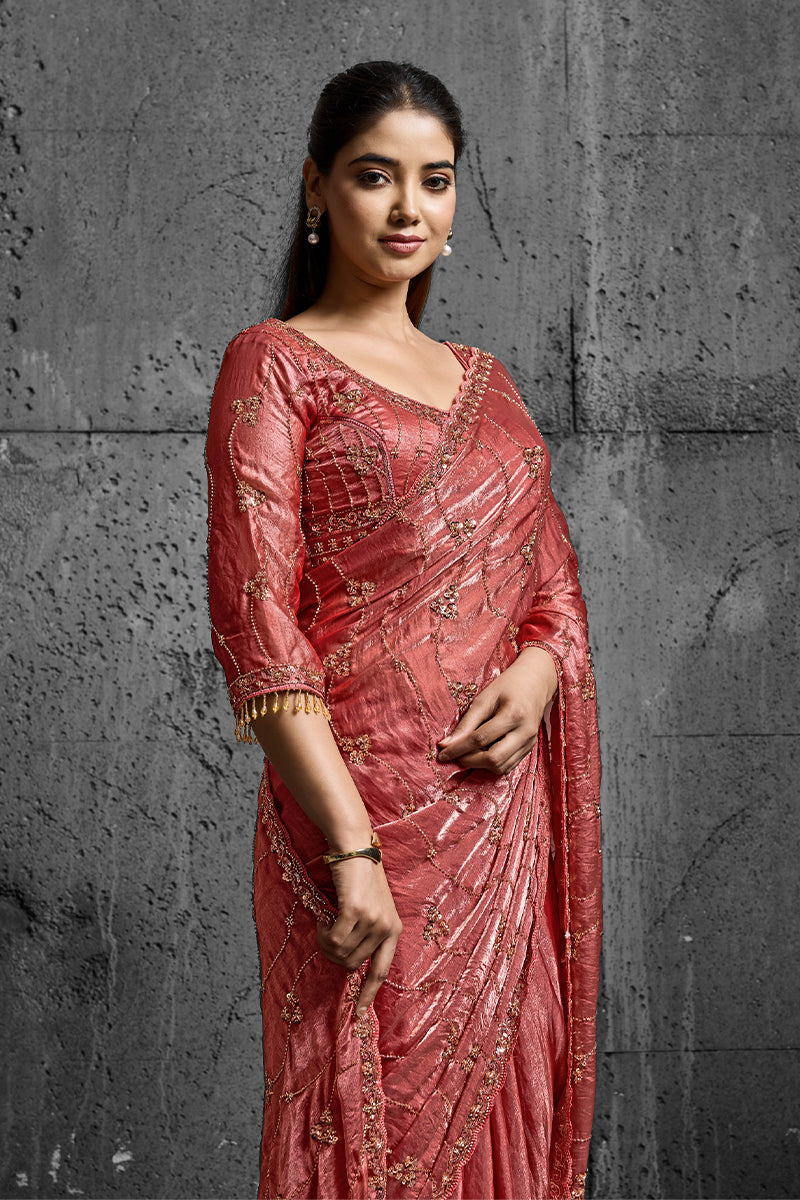 Rusty Orange Organza Saree with Hand Embroidery with Stitched Blouse