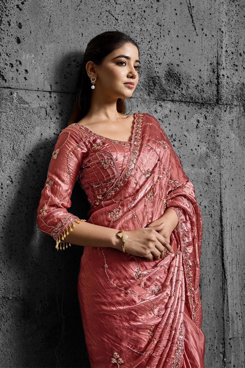 Rusty Orange Organza Saree with Hand Embroidery with Stitched Blouse