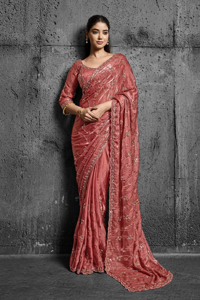 Rusty Orange Organza Saree with Hand Embroidery with Stitched Blouse