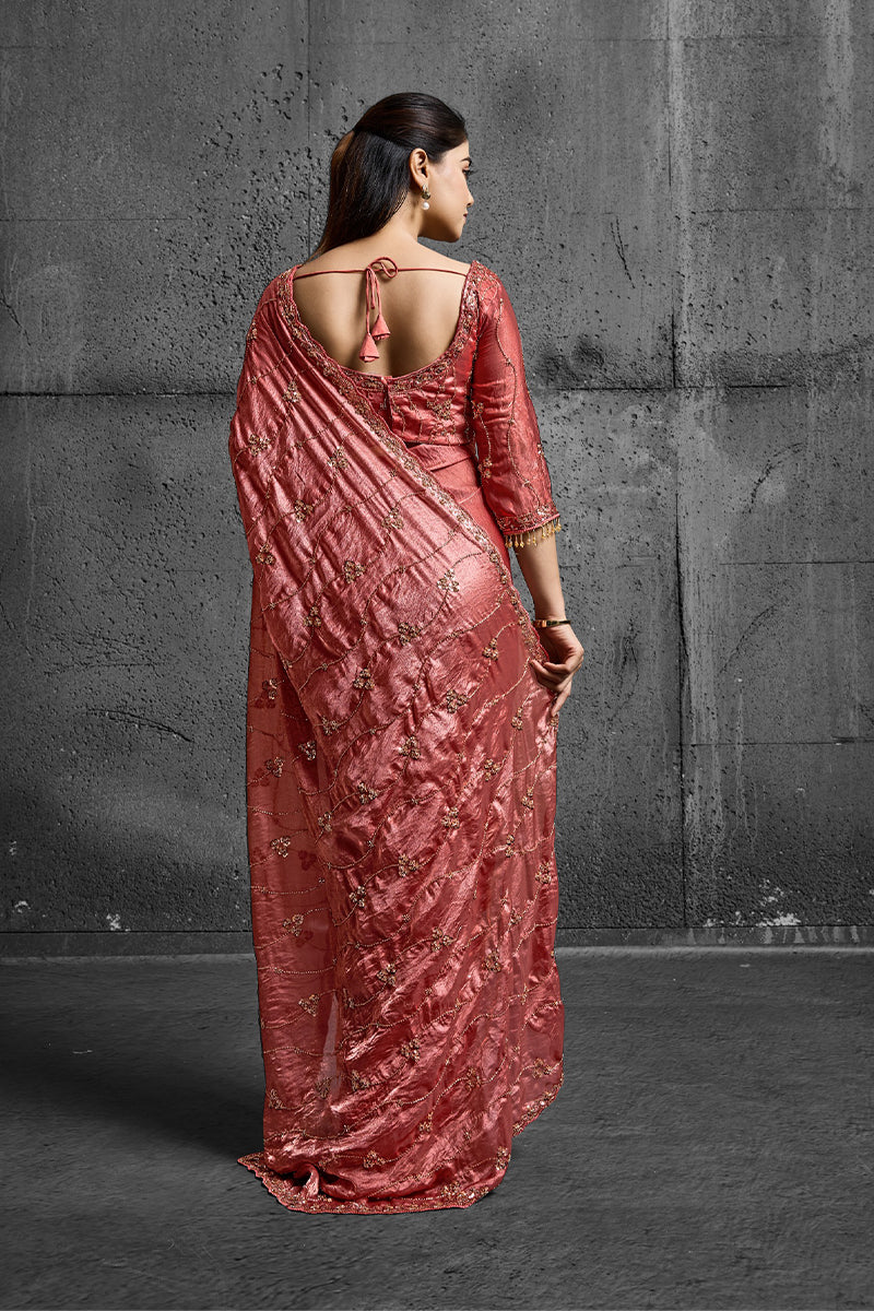 Rusty Orange Organza Saree with Hand Embroidery with Stitched Blouse