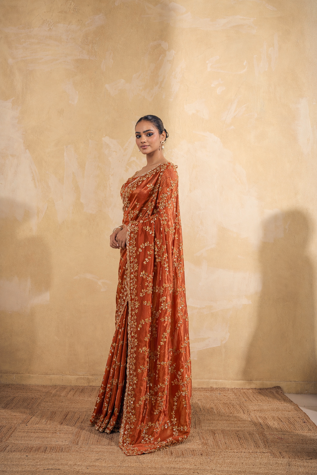 Rusty Orange Organza Silk Saree with Hand Embriodery with Stitched Blouse