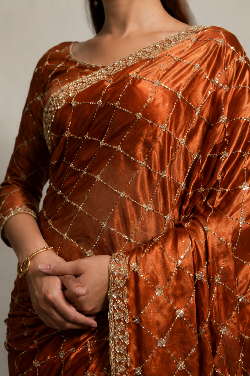 Rusty Dark Orange Organza Silk Saree with Hand Embroidery with Stitched Blouse