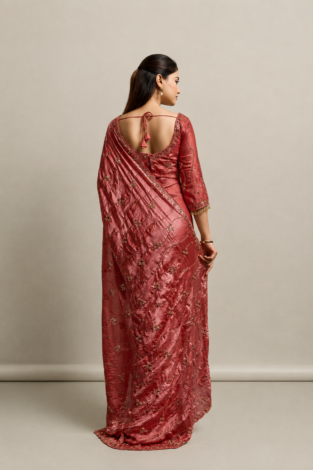 Rusty Orange Organza Saree with Hand Embroidery with Stitched Blouse