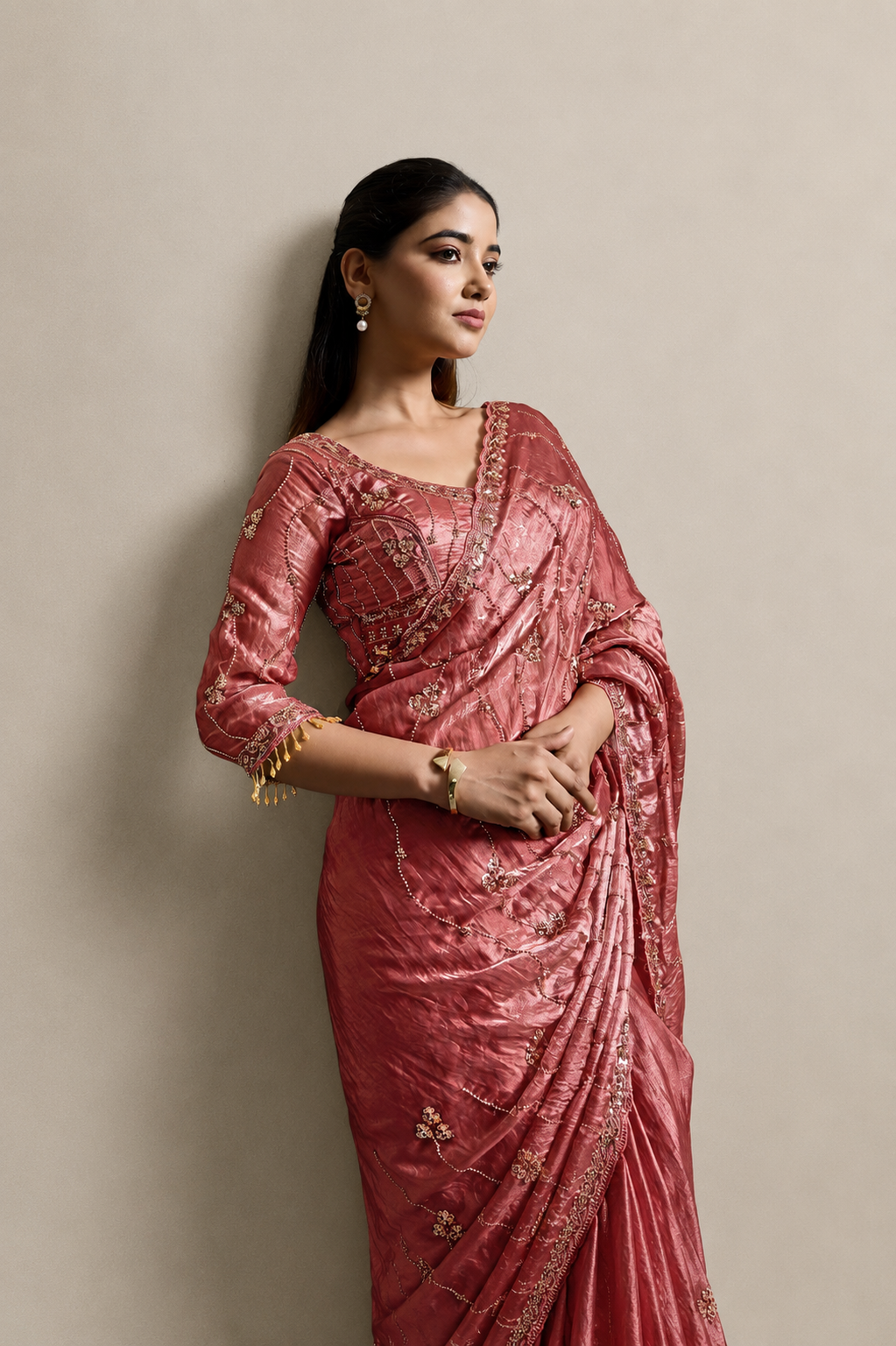 Rusty Orange Organza Saree with Hand Embroidery with Stitched Blouse