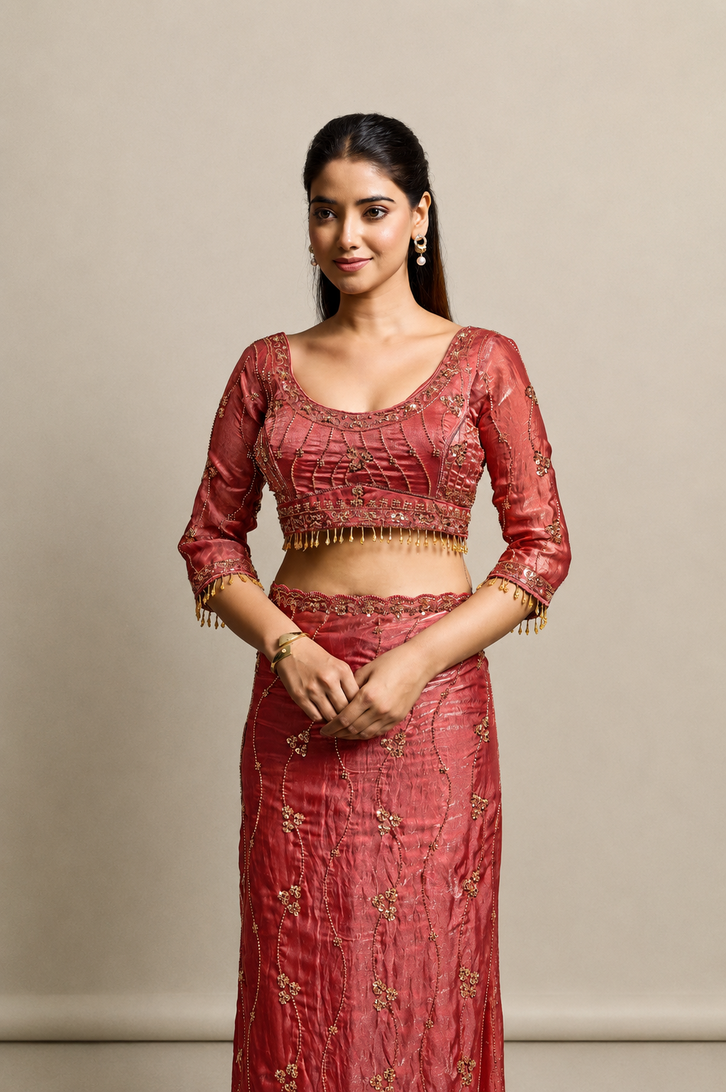 Rusty Orange Organza Saree with Hand Embroidery with Stitched Blouse