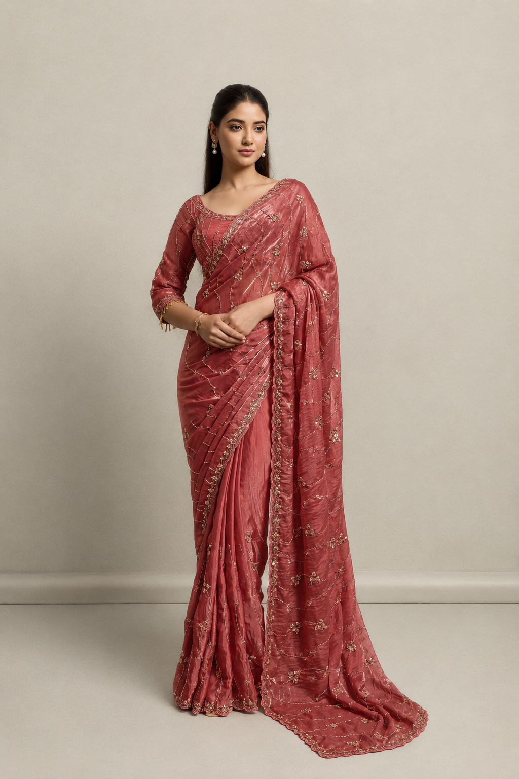 Rusty Orange Organza Saree with Hand Embroidery with Stitched Blouse