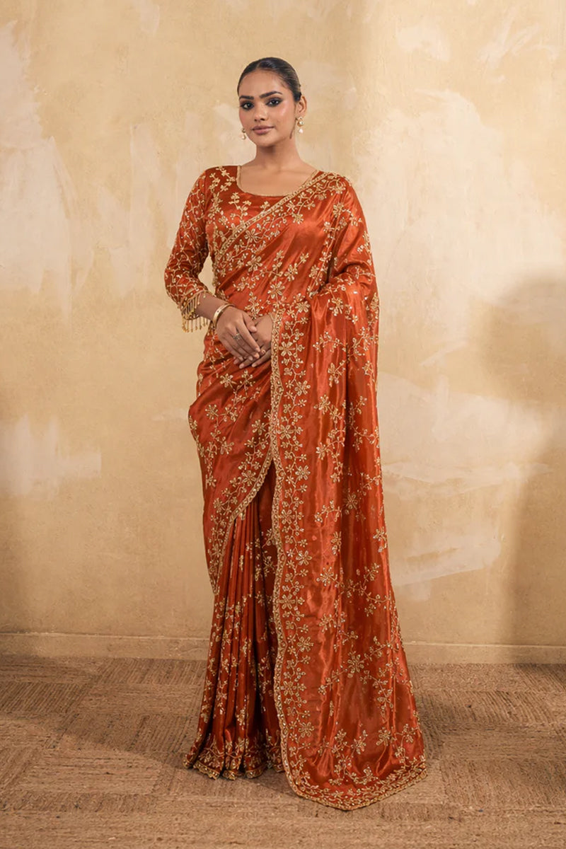 Rusty Orange Organza Silk Saree with Hand Embriodery with Stitched Blouse