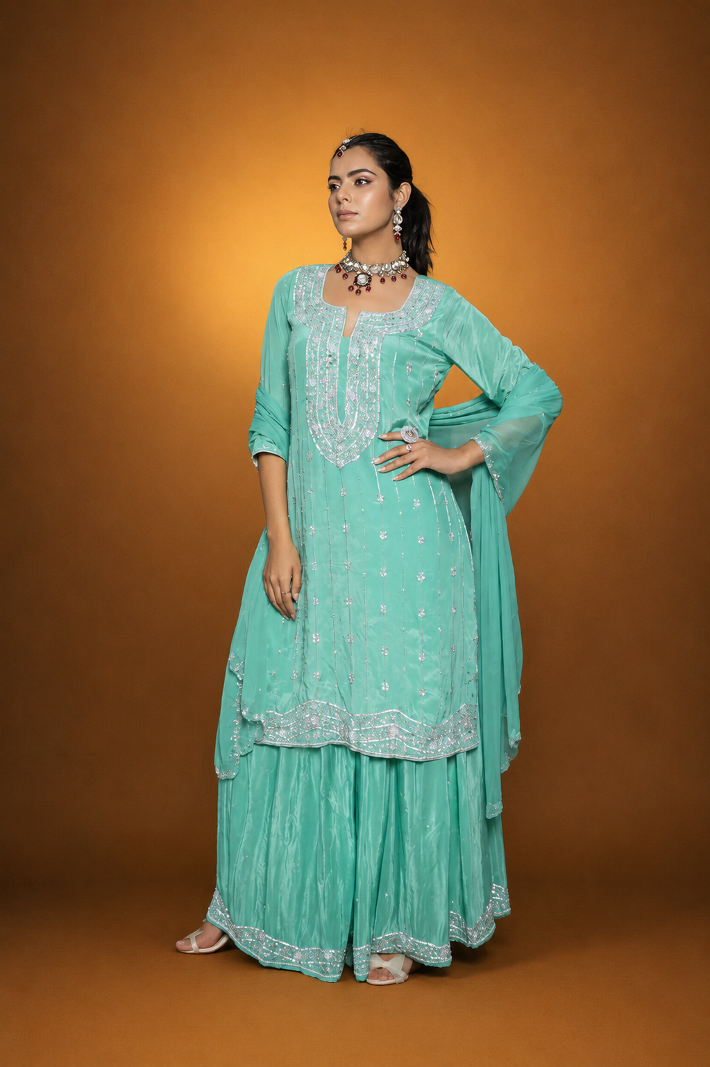 Sea-Green Crepe Silk Hand-Embroidered Suit with Plazo Pant
