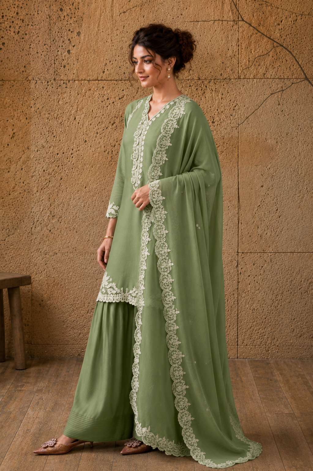 Pastel Green Farsi Salwar Suit with White Thread Lace Work