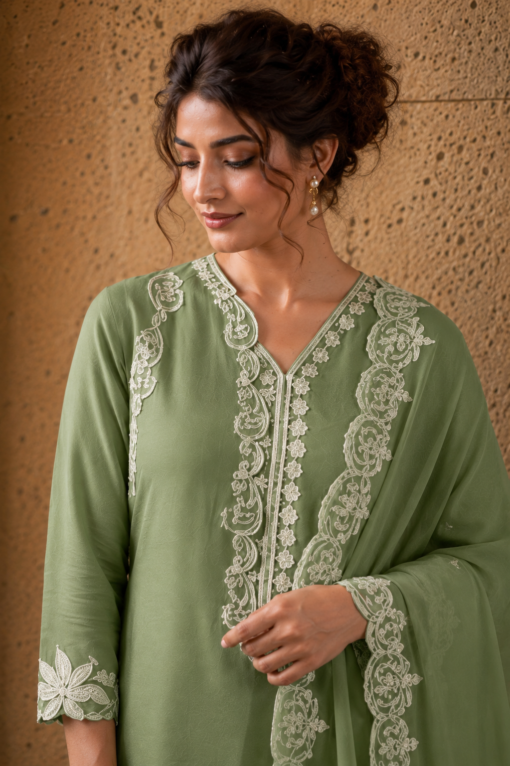 Pastel Green Farsi Salwar Suit with White Thread Lace Work