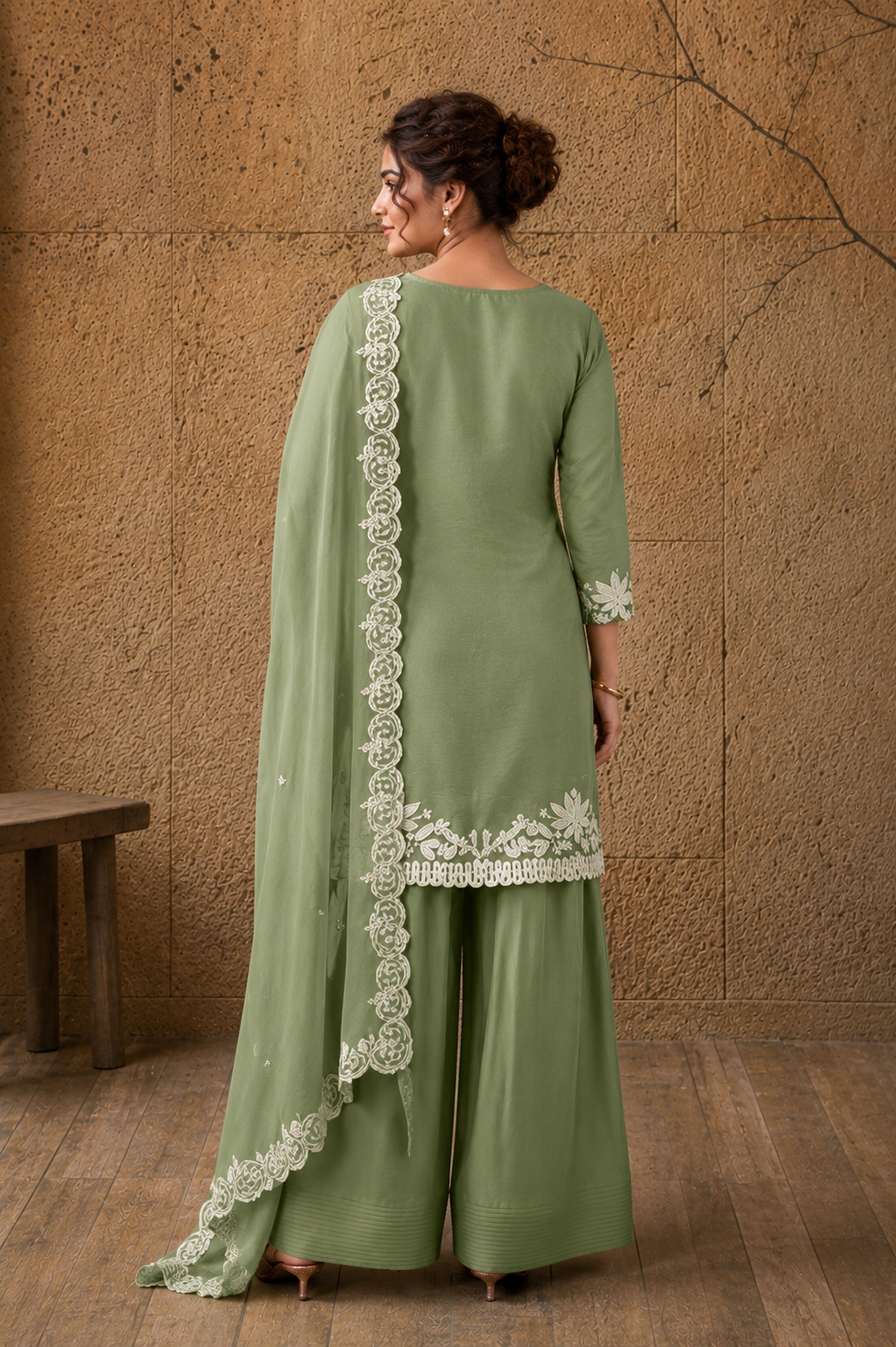 Pastel Green Farsi Salwar Suit with White Thread Lace Work