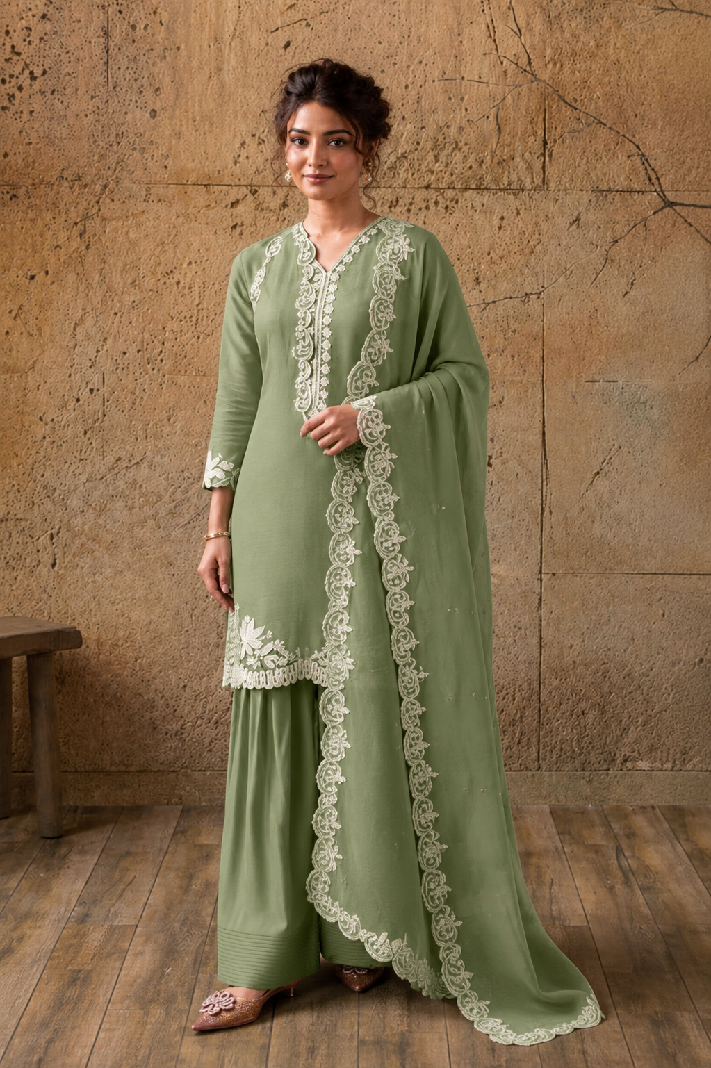 Pastel Green Farsi Salwar Suit with White Thread Lace Work
