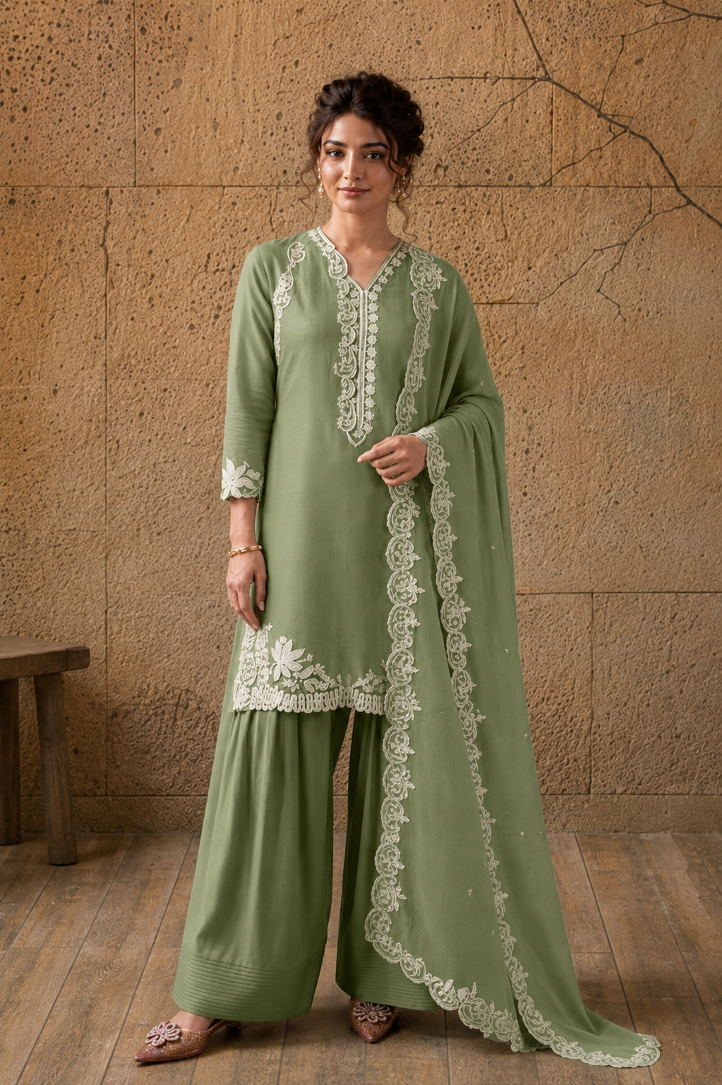 Pastel Green Farsi Salwar Suit with White Thread Lace Work