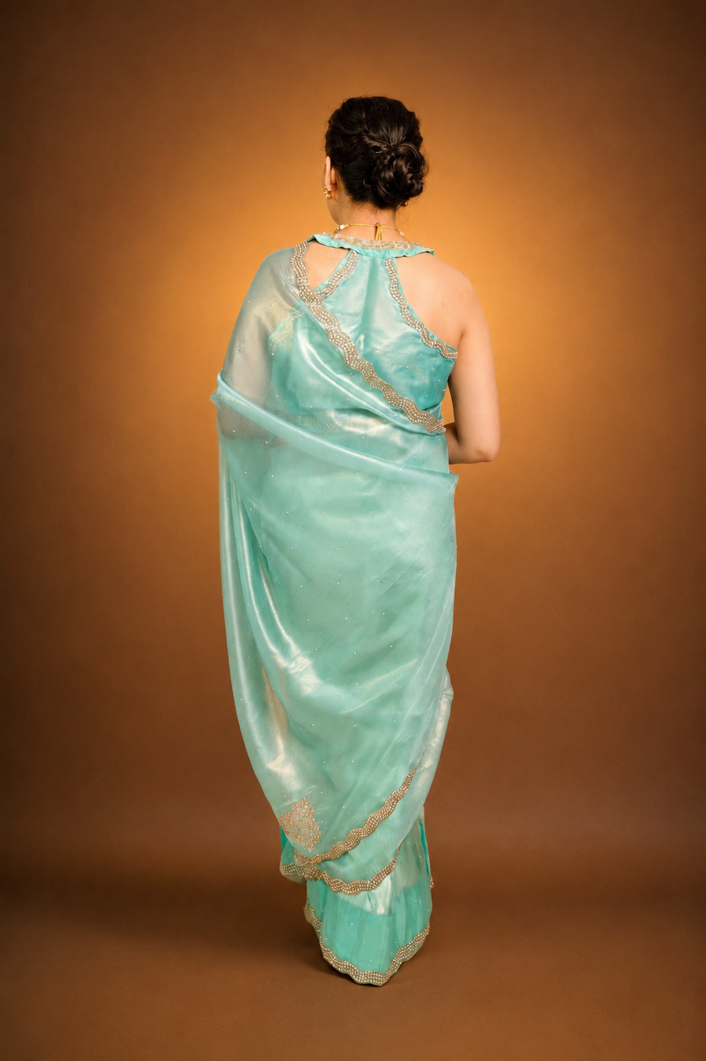 Sea Green Shimmer Organza Saree with Pearl and Sequin work