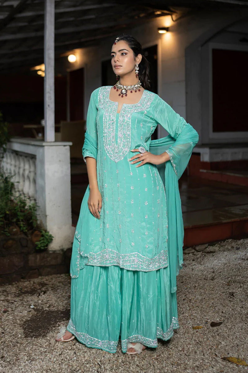 Sea-Green Crepe Silk Hand-Embroidered Suit with Plazo Pant