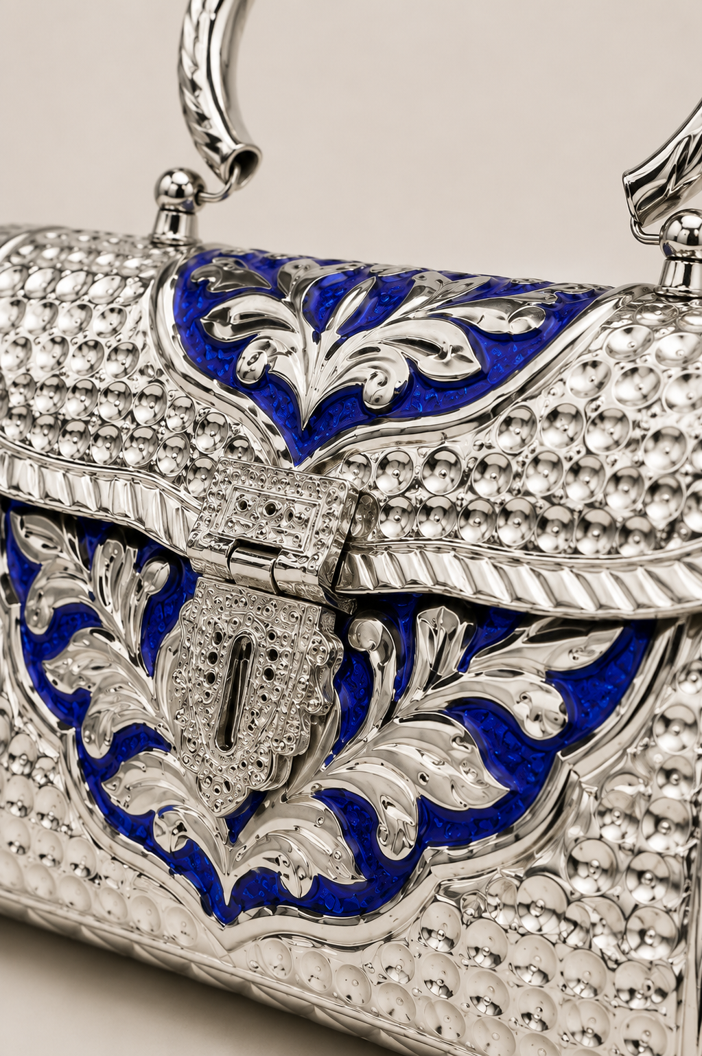Silver Clutch with Royal Blue Floral Embossed Design