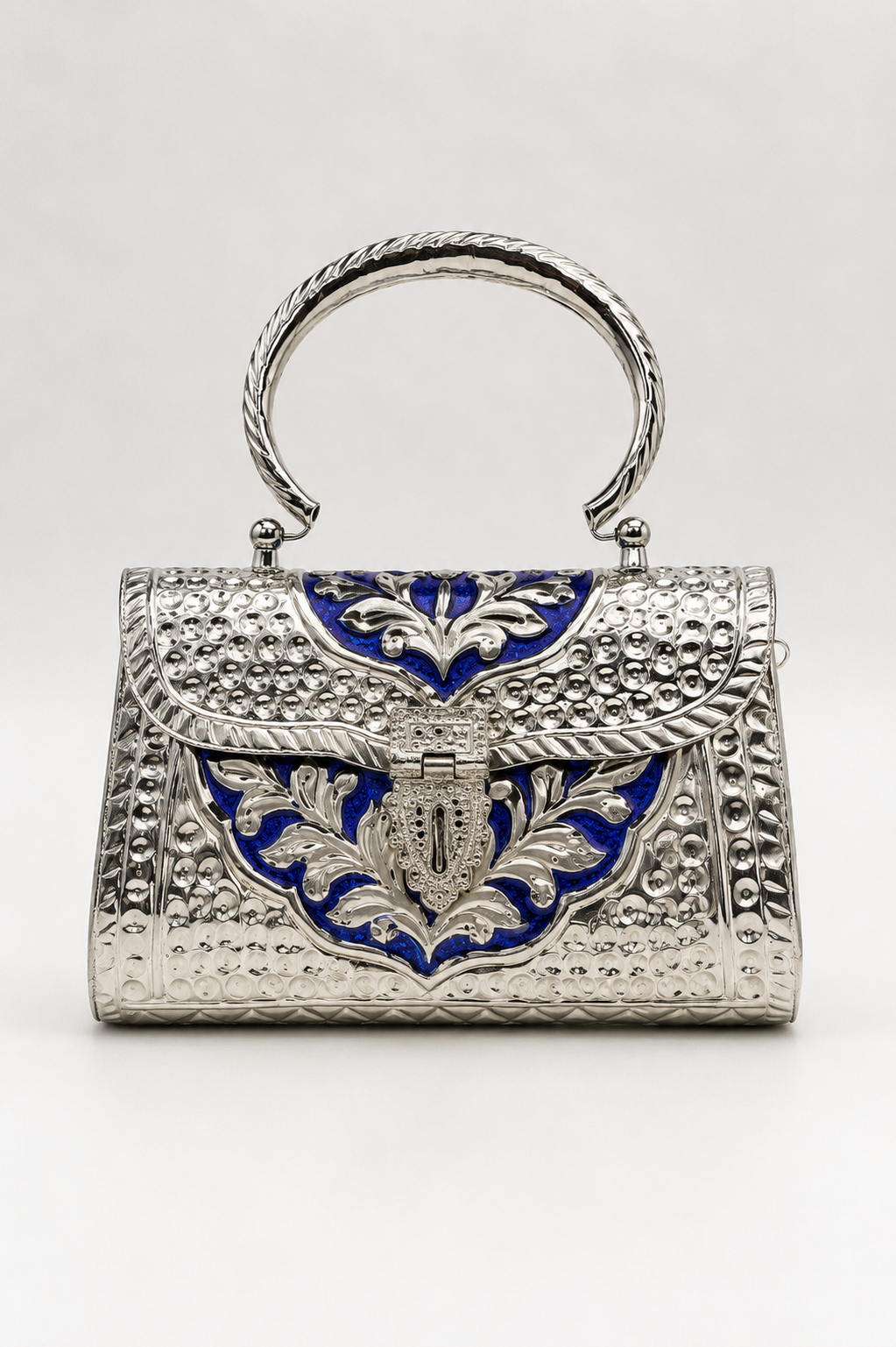 Silver Clutch with Royal Blue Floral Embossed Design