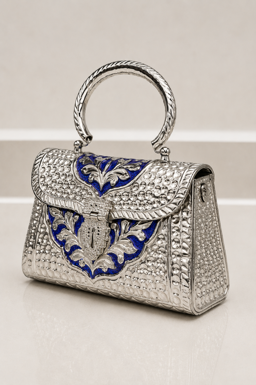 Silver Clutch with Royal Blue Floral Embossed Design