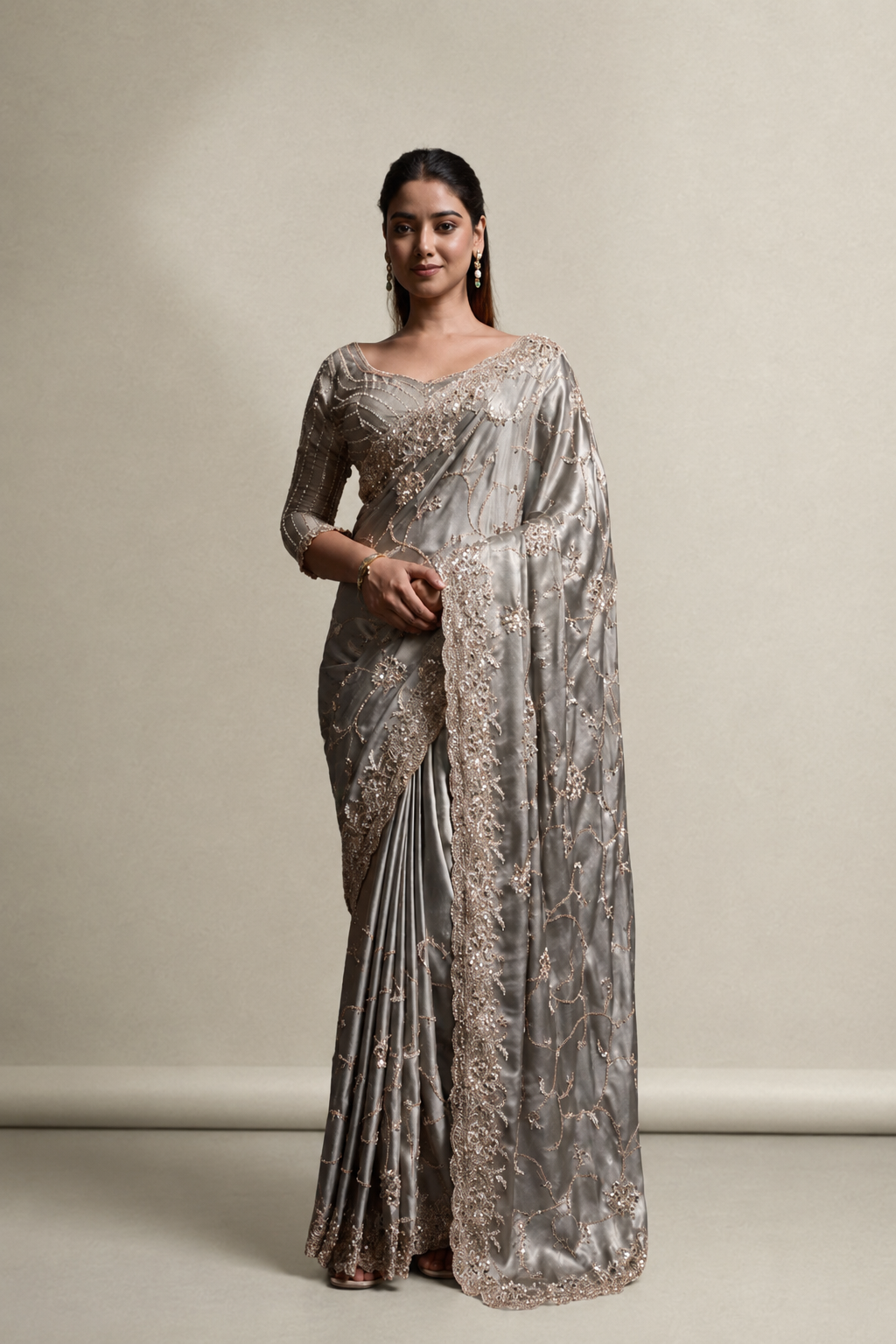 Golden Gray Silk Saree with Hand EmbroideryWith Stitched Blouse