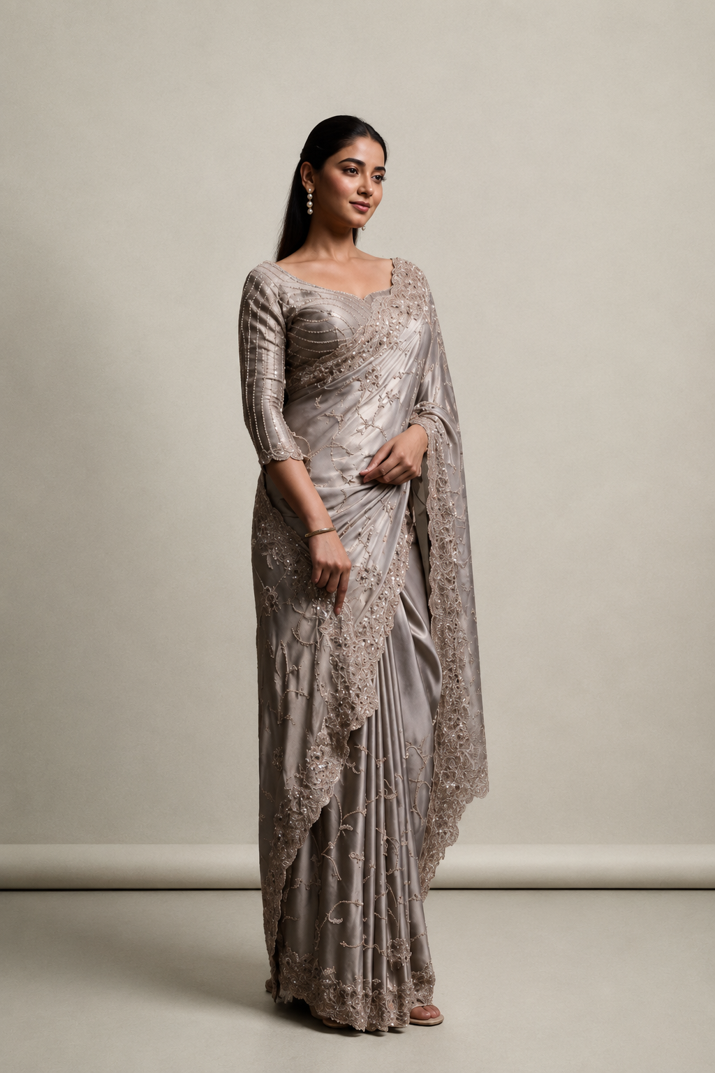 Golden Gray Silk Saree with Hand EmbroideryWith Stitched Blouse