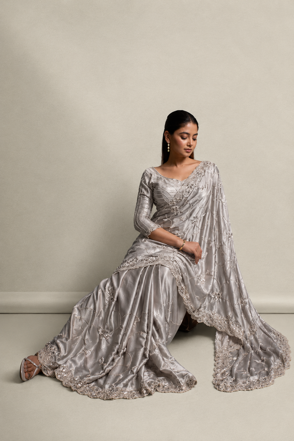 Golden Gray Silk Saree with Hand EmbroideryWith Stitched Blouse
