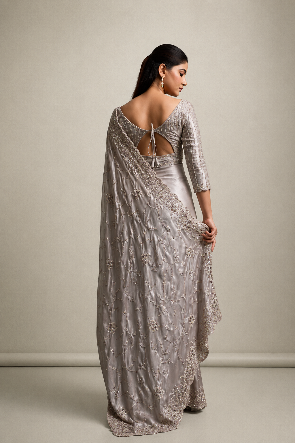 Golden Gray Silk Saree with Hand EmbroideryWith Stitched Blouse