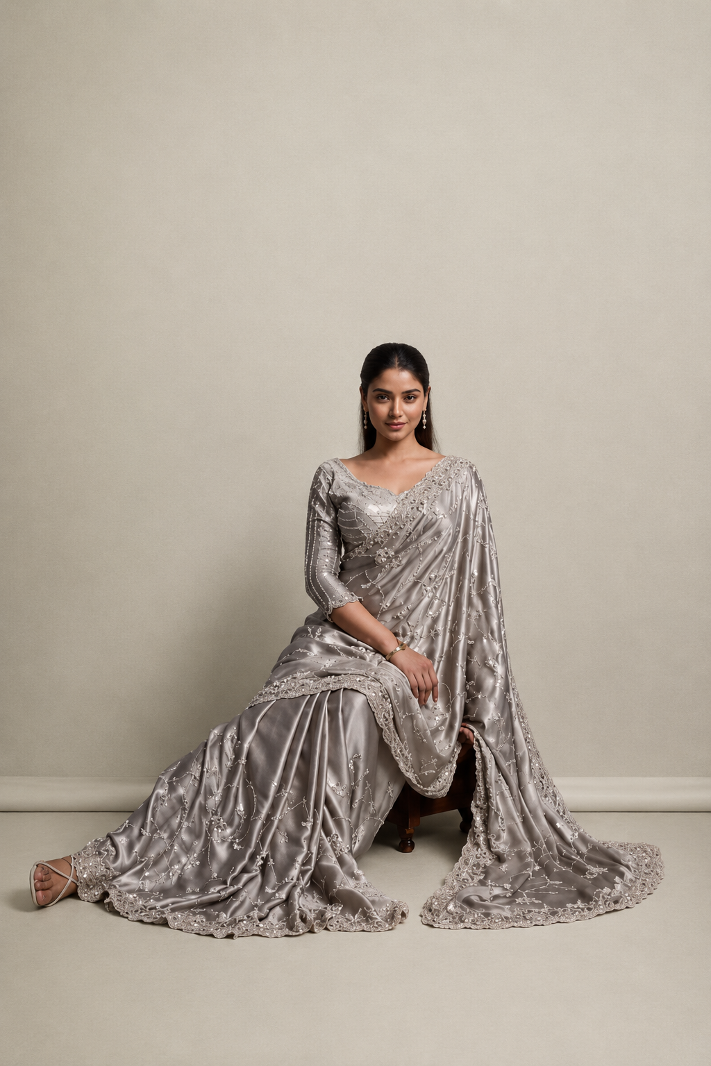 Golden Gray Silk Saree with Hand EmbroideryWith Stitched Blouse