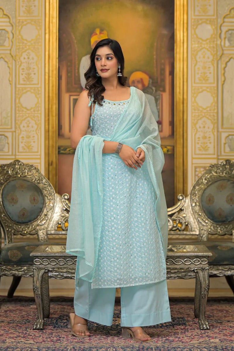 Sky Blue Georgette Sleeveless Salwar Suit Set with Dupatta