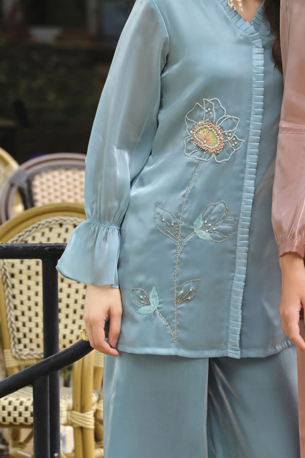 Sky Blue Handwork Viscose Silk Cord-Set Suit with Pant with Pocket - Mayrake.in