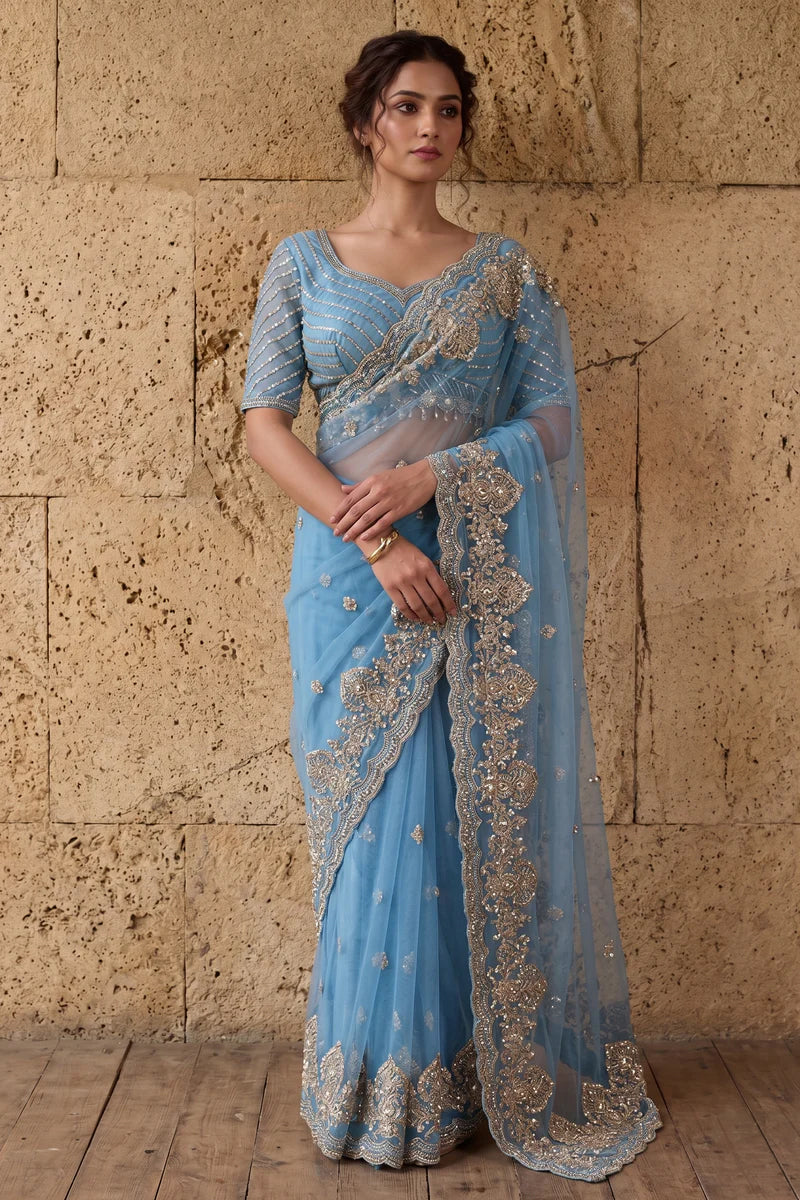 Sky Blue Net Saree With Sequin Hand Embroidery with Stitched Blouse